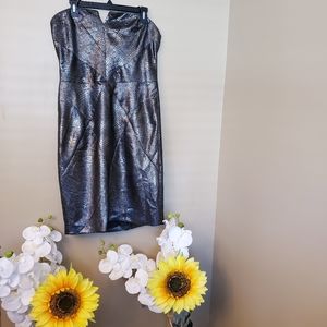 Metallic charcoal pencil dress w/ sweetheart neck